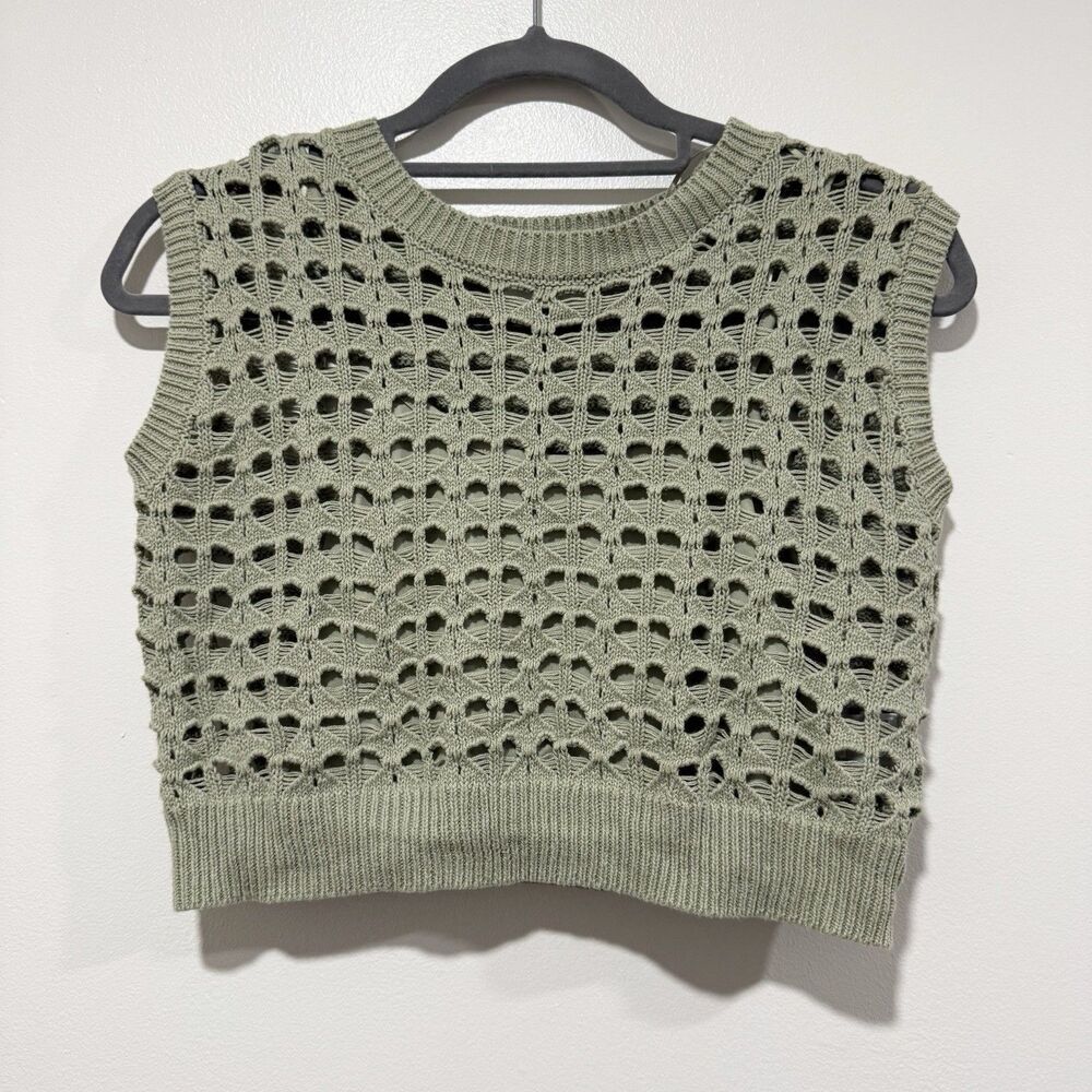 Freshman 1996 Knit Crochet Hearts Green Sage Lined Boho Crop Top Women Size XS